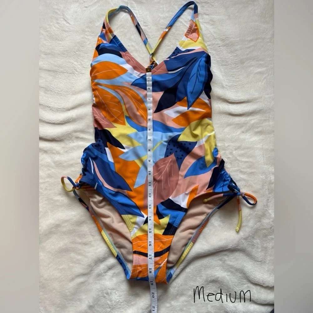 Kona Sol Tropical Floral Print One-Piece Swimsuit Orange Blue